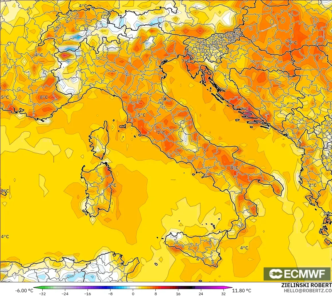 ECMWF IFS 0.25° modelo - Italy, Temperature at 2m Anomaly