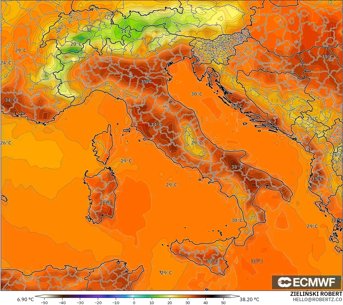 ECMWF IFS 0.25° modelo - Italy, Temperature at 2m