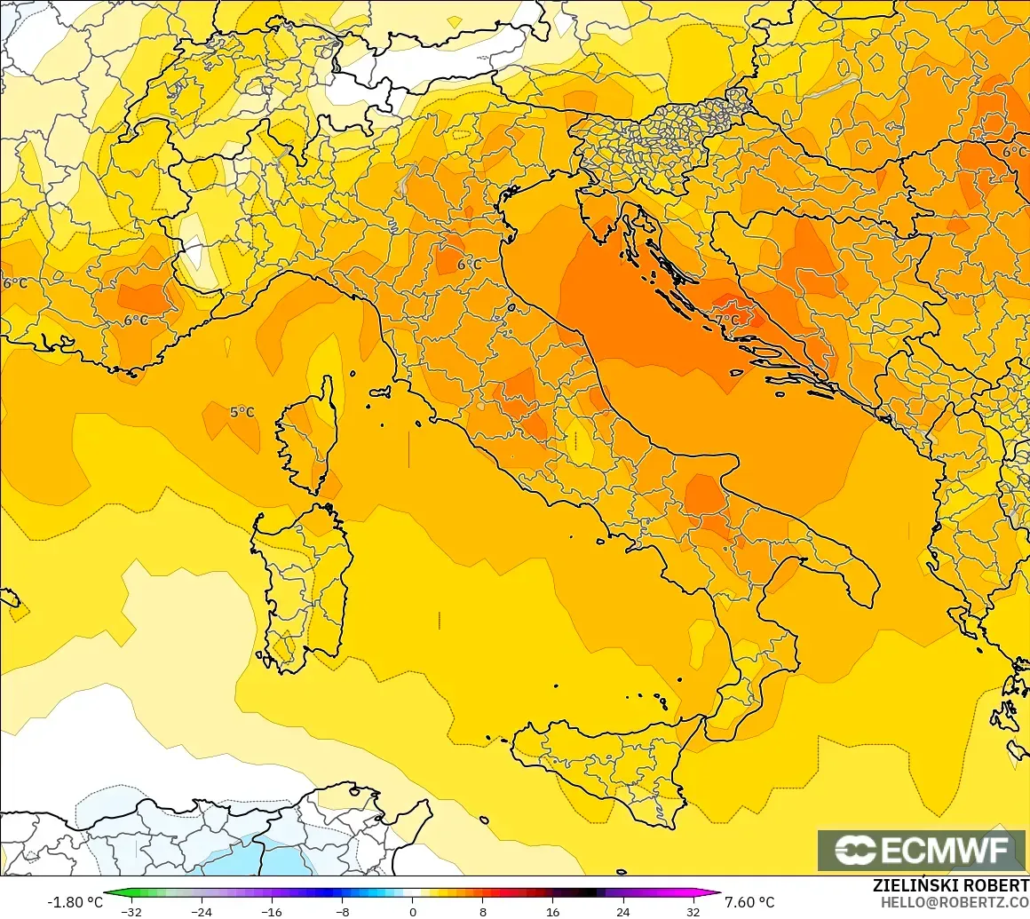ECMWF IFS 0.25° modelo - Italy, Temperature at 850hPa Anomaly