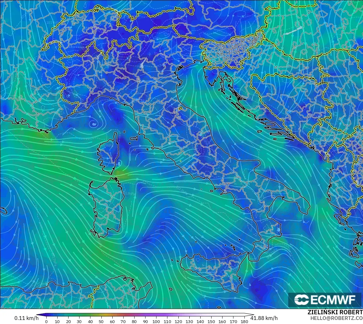 ECMWF IFS 0.25° modelo - Italy, Wind at 10m