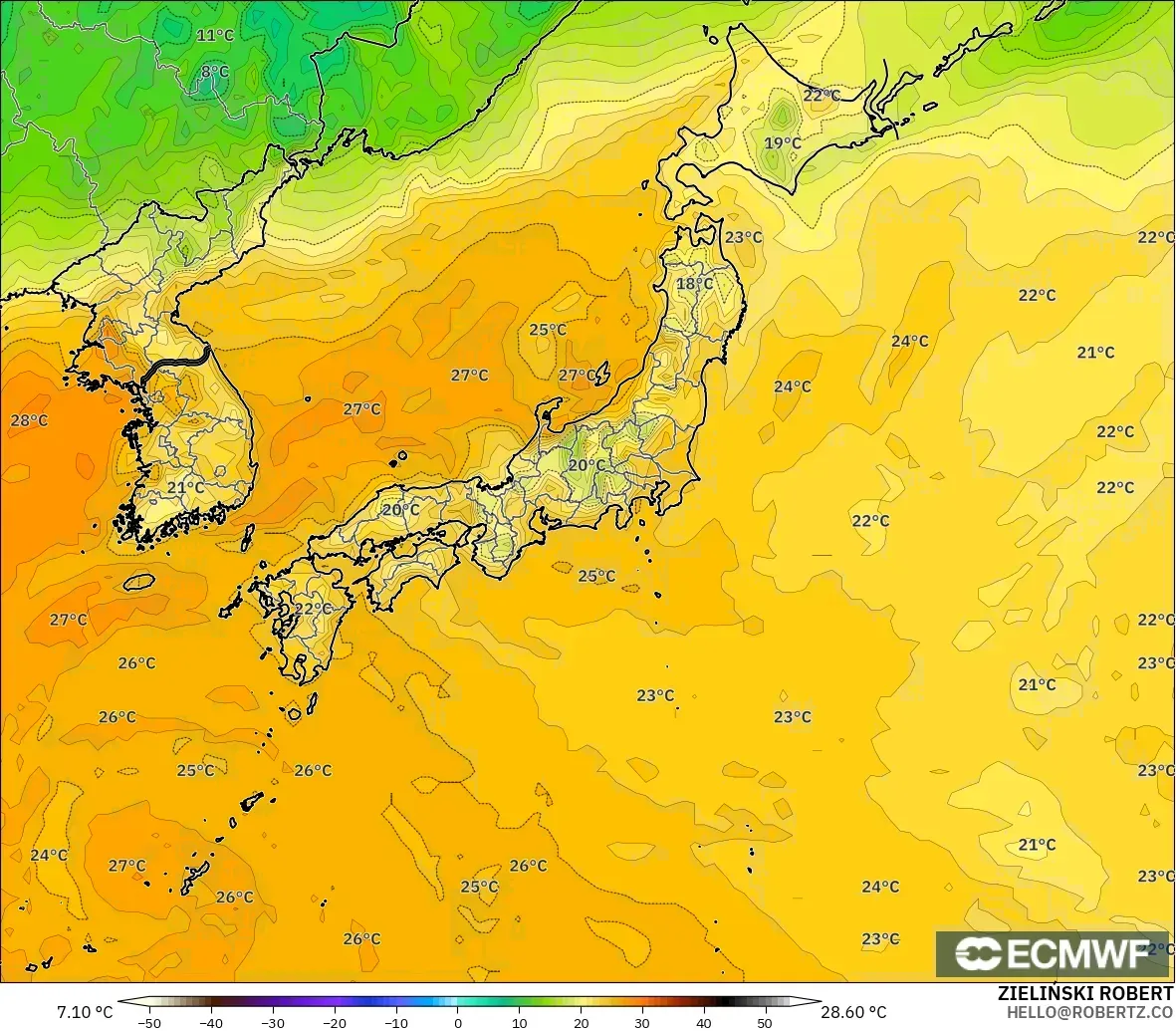 ECMWF IFS 0.25° modelo - Japan, Dewpoint at 2m