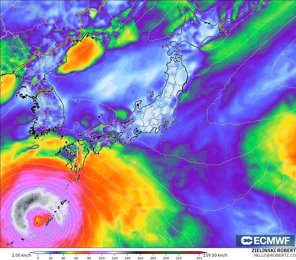 ECMWF IFS 0.25° modelo - Japan, Wind Gusts Peak