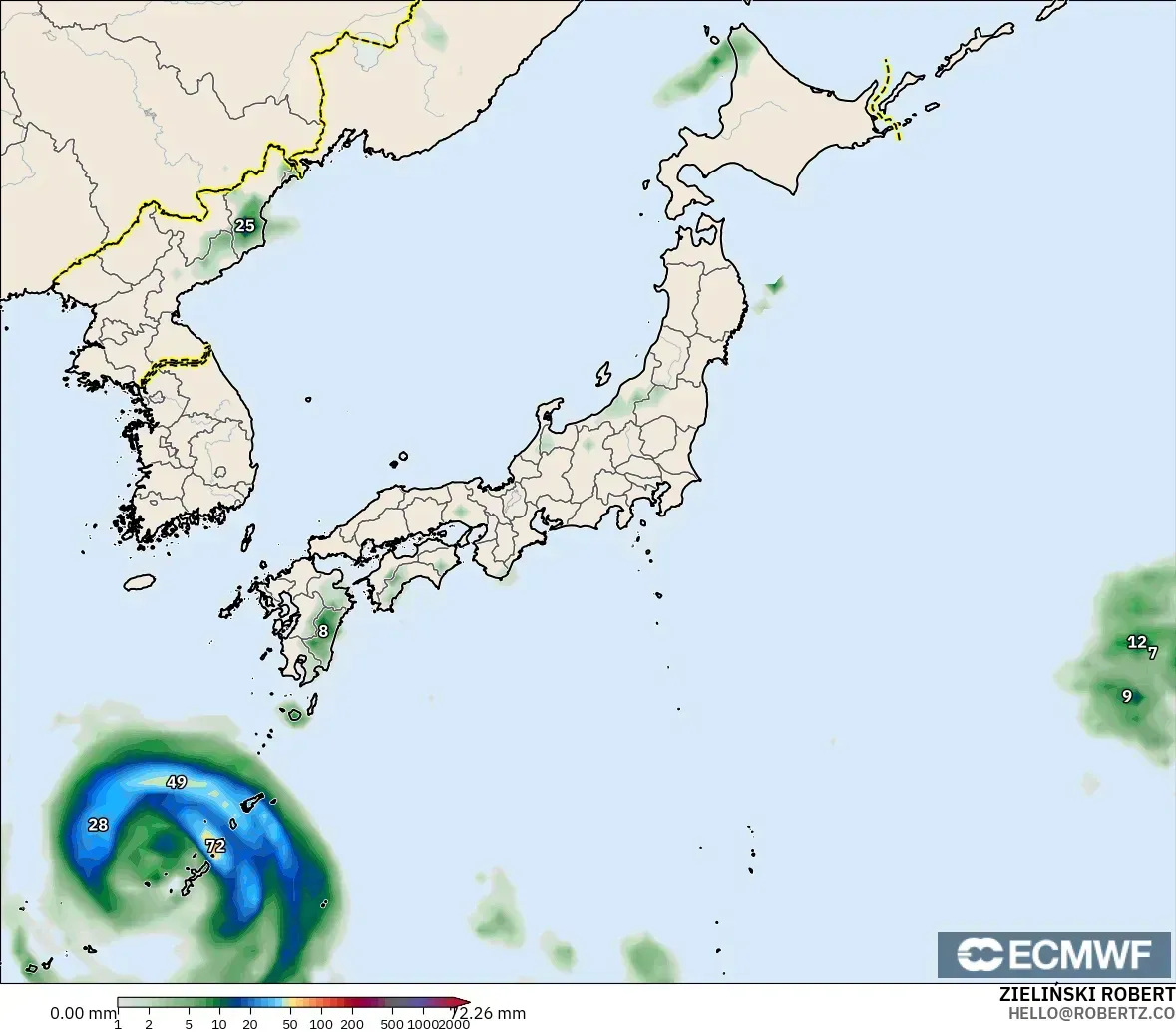 ECMWF IFS 0.25° modelo - Japan, Precipitation Accumulation
