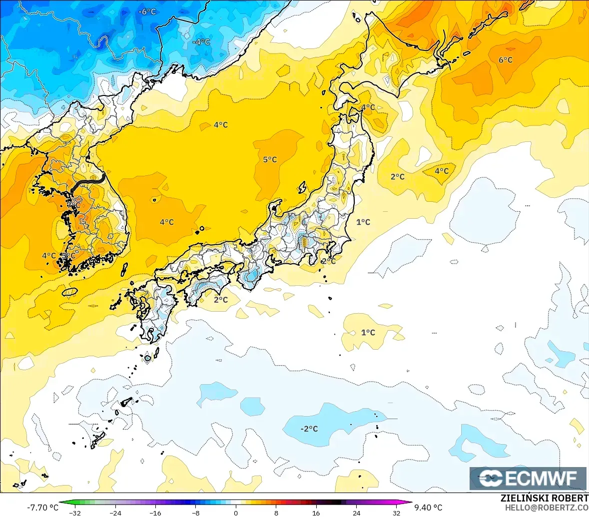 ECMWF IFS 0.25° modelo - Japan, Temperature at 2m Anomaly