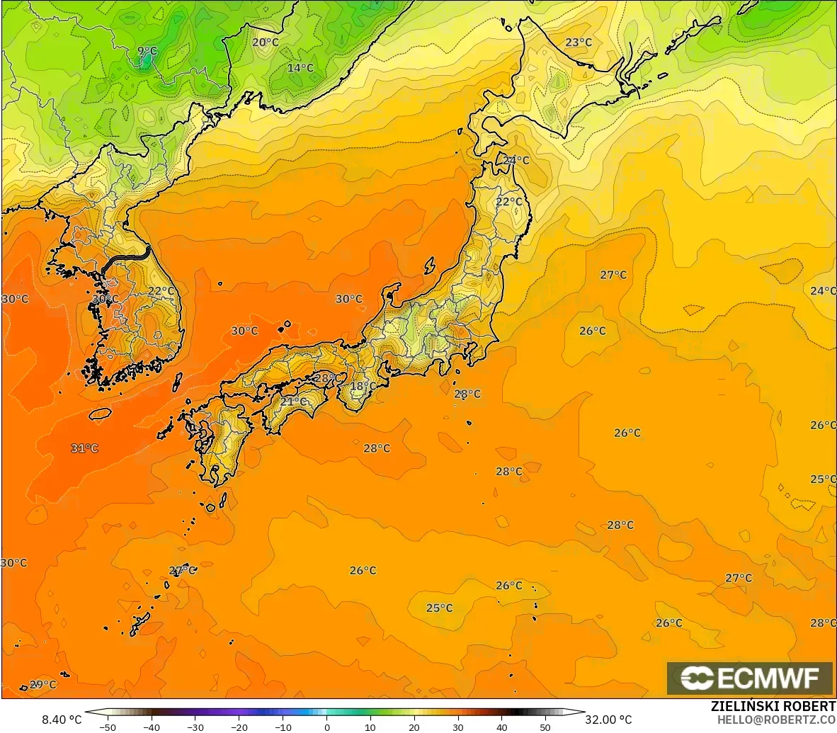 ECMWF IFS 0.25° modelo - Japan, Temperature at 2m