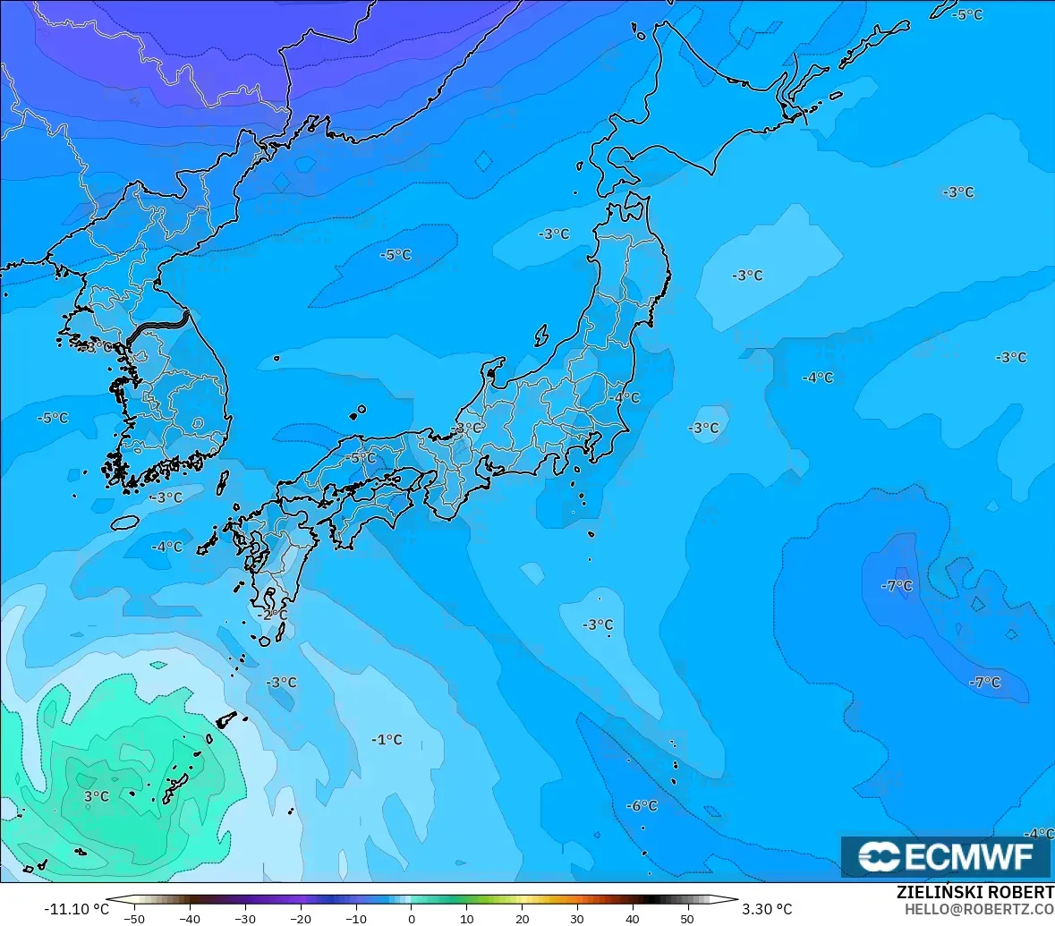 ECMWF IFS 0.25° modelo - Japan, Temperature at 500hPa