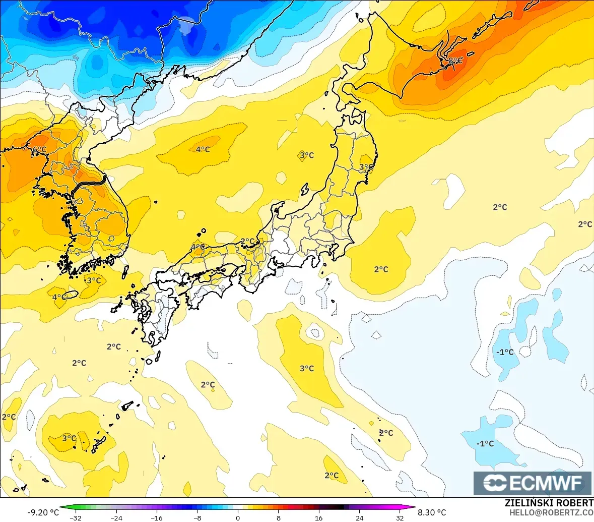 ECMWF IFS 0.25° modelo - Japan, Temperature at 850hPa Anomaly