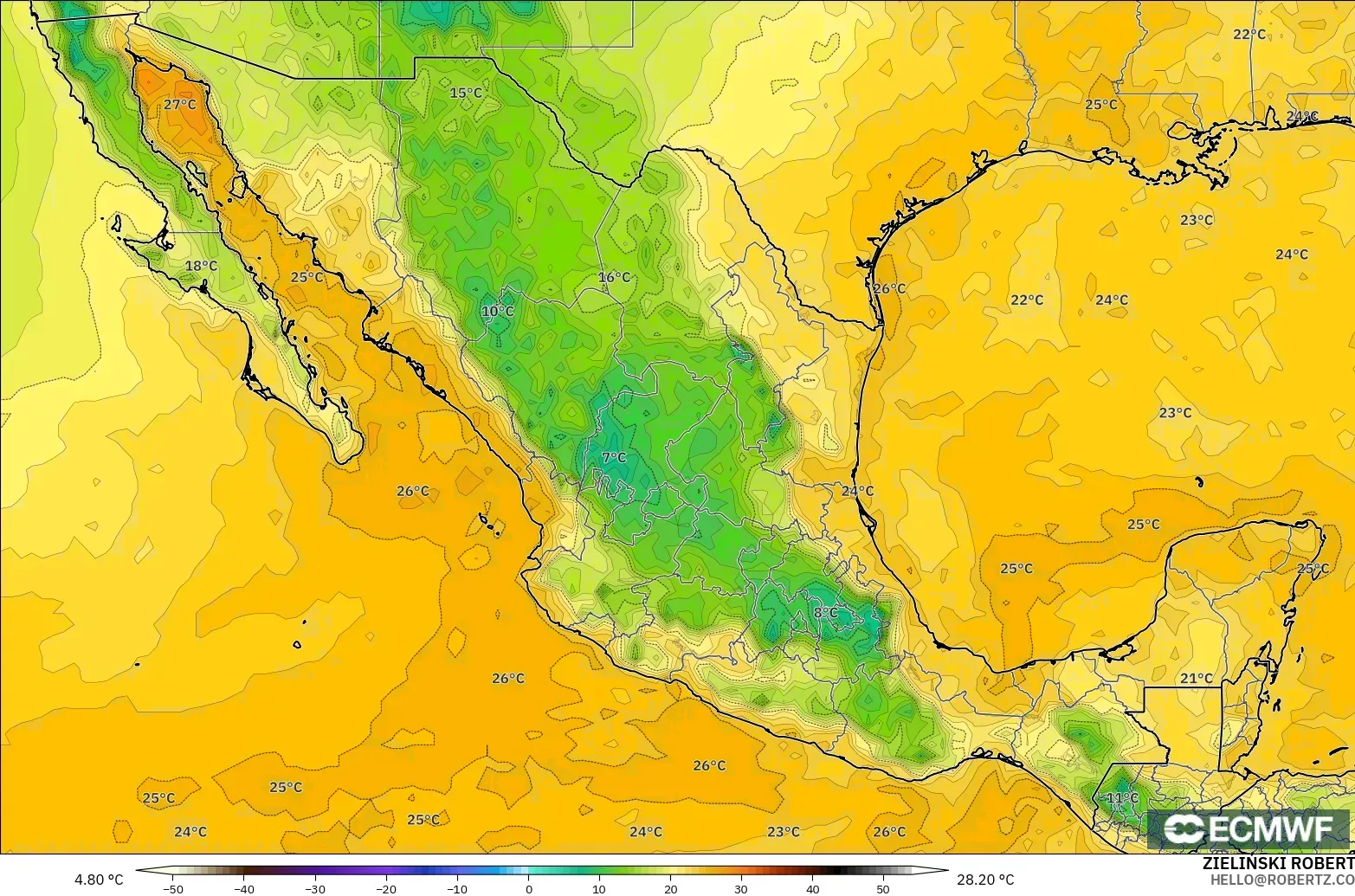 ECMWF IFS 0.25° modelo - Mexico, Dewpoint at 2m