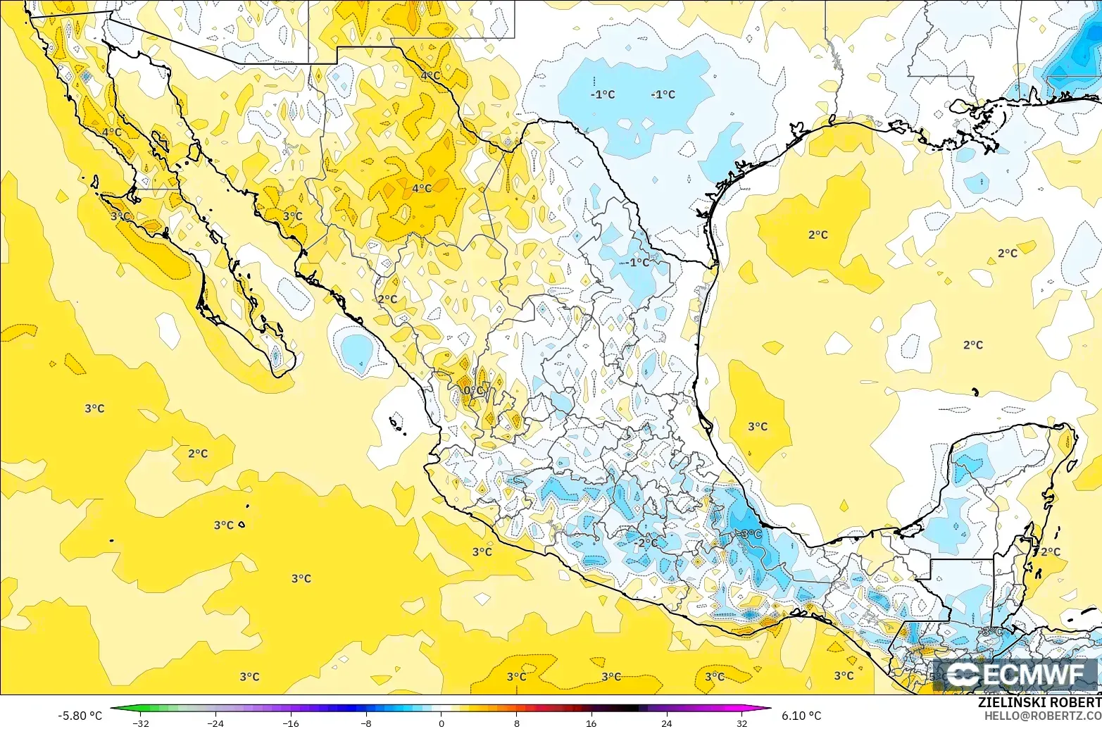 ECMWF IFS 0.25° modelo - Mexico, Temperature at 2m Anomaly