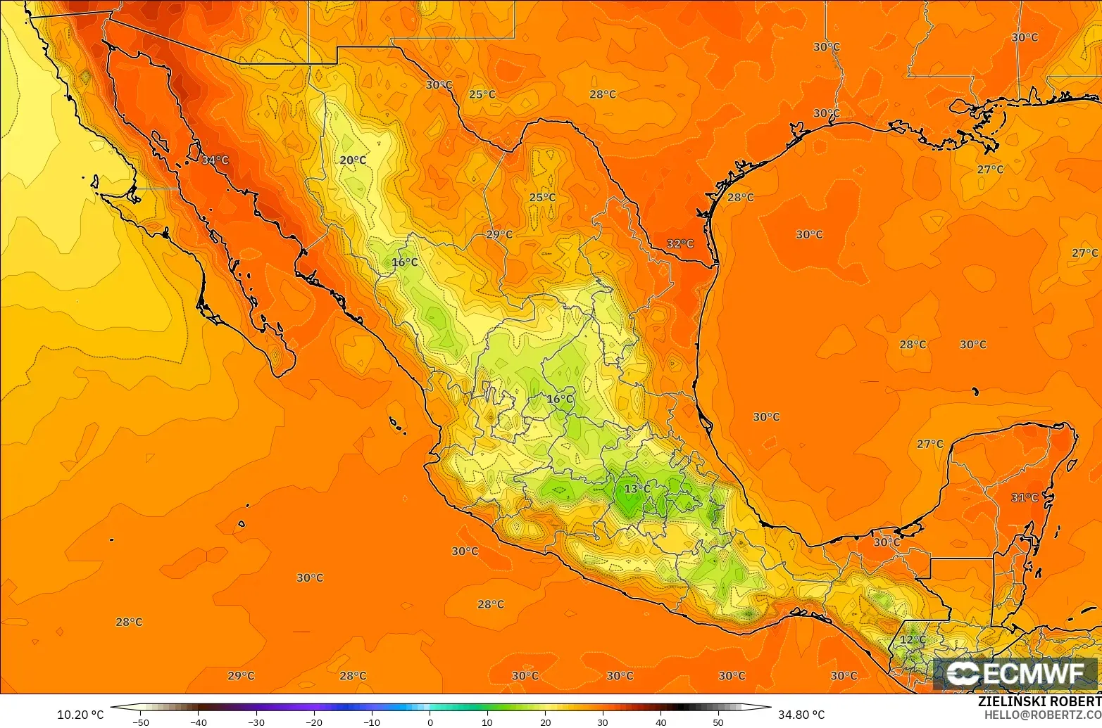 ECMWF IFS 0.25° modelo - Mexico, Temperature at 2m