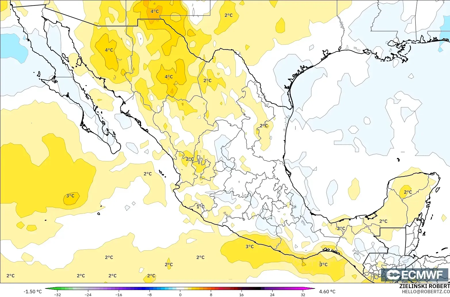 ECMWF IFS 0.25° modelo - Mexico, Temperature at 850hPa Anomaly