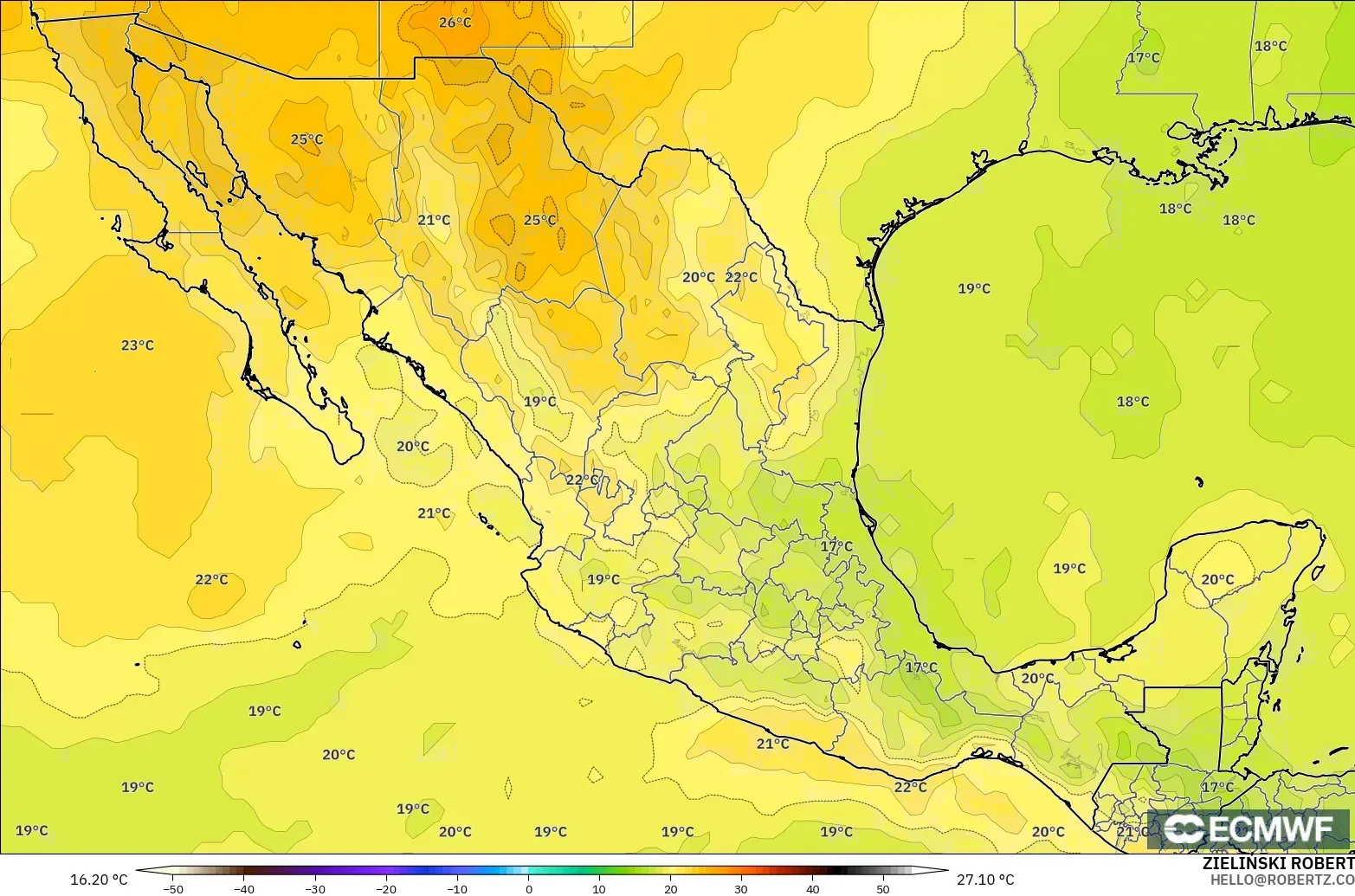 ECMWF IFS 0.25° modelo - Mexico, Temperature at 850hPa