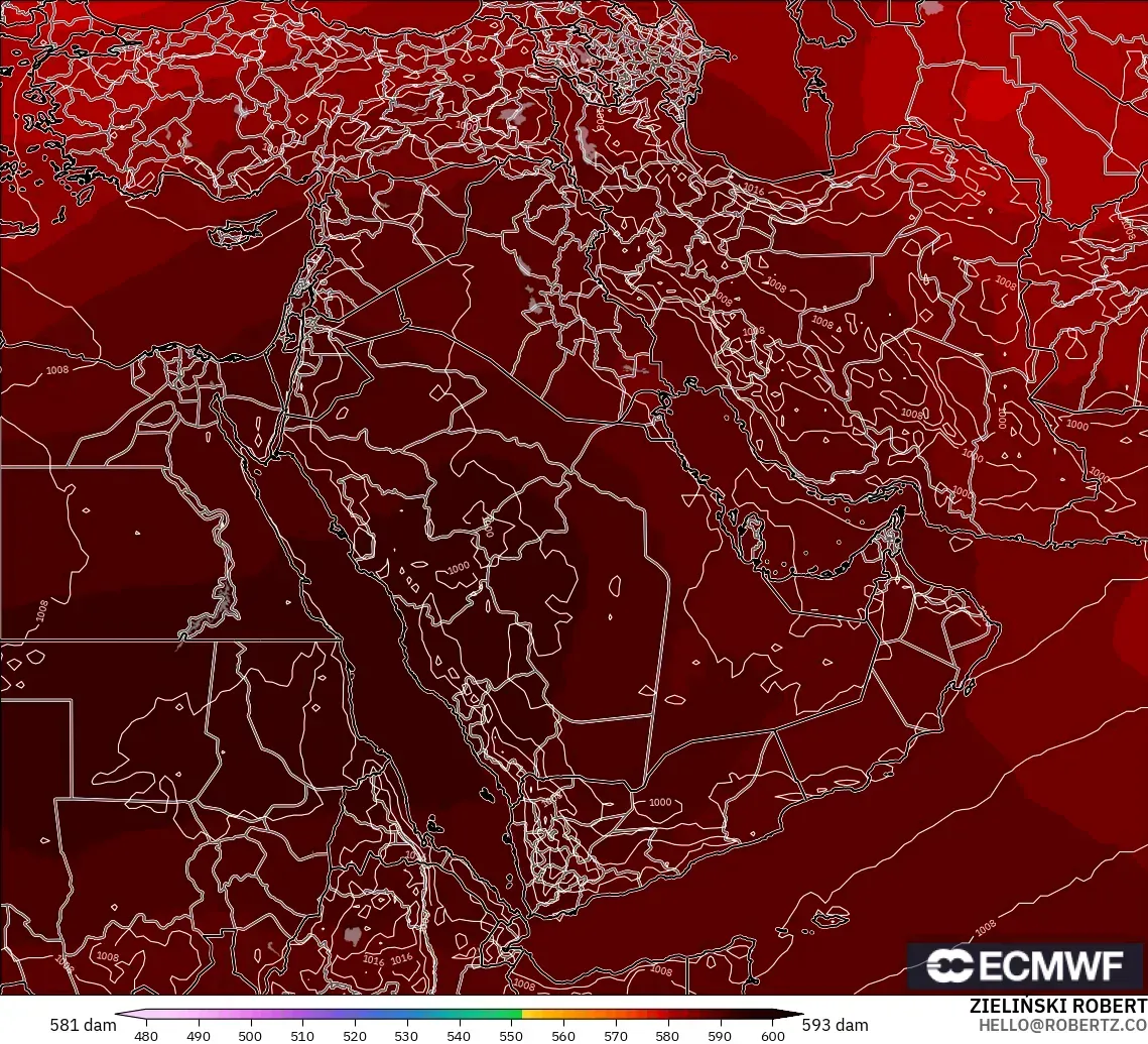 ECMWF IFS 0.25° modelo - Middle East, Geopotential height at 500hPa