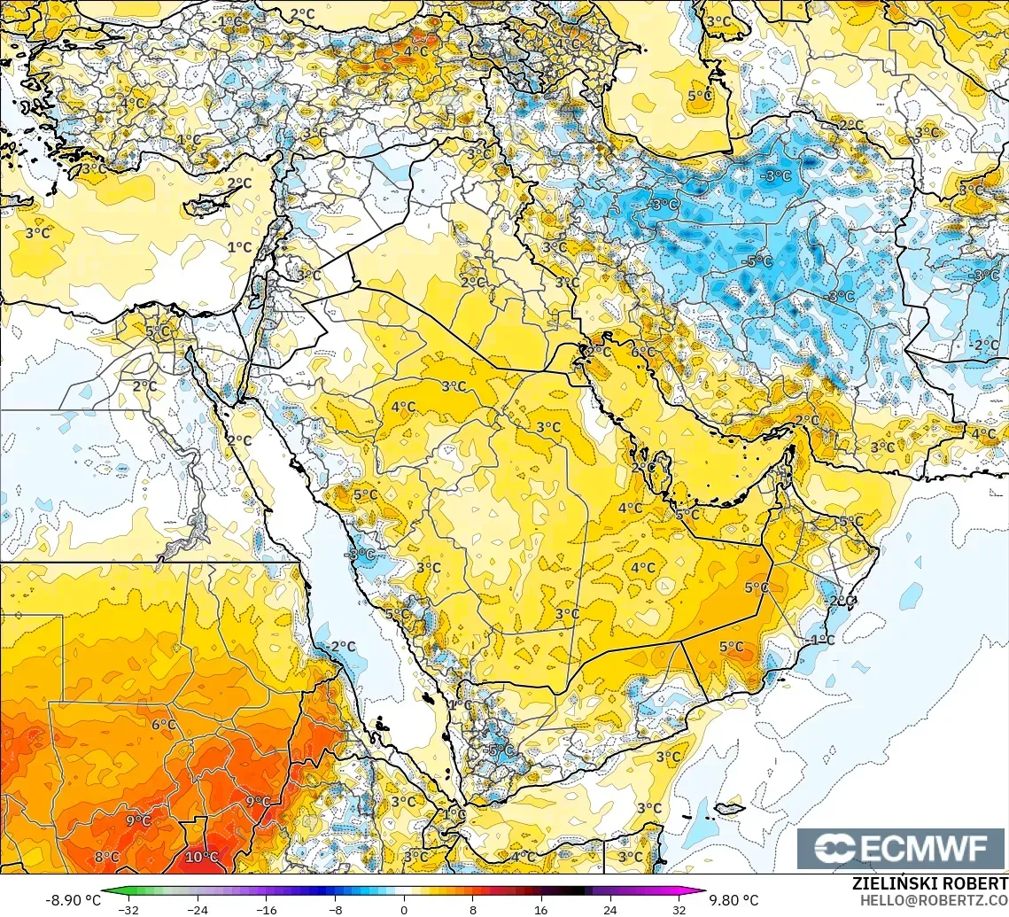 ECMWF IFS 0.25° modelo - Middle East, Temperature at 2m Anomaly