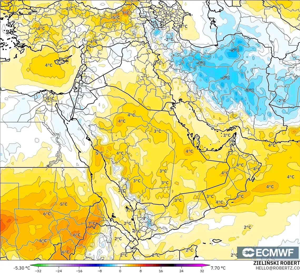 ECMWF IFS 0.25° modelo - Middle East, Temperature at 850hPa Anomaly