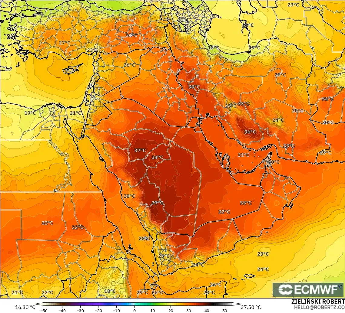 ECMWF IFS 0.25° modelo - Middle East, Temperature at 850hPa