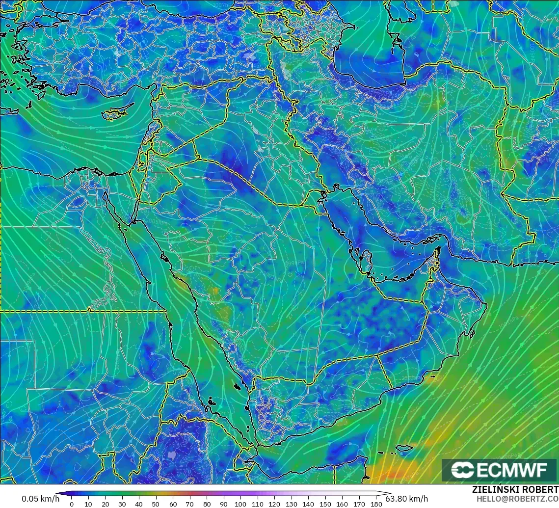 ECMWF IFS 0.25° modelo - Middle East, Wind at 10m