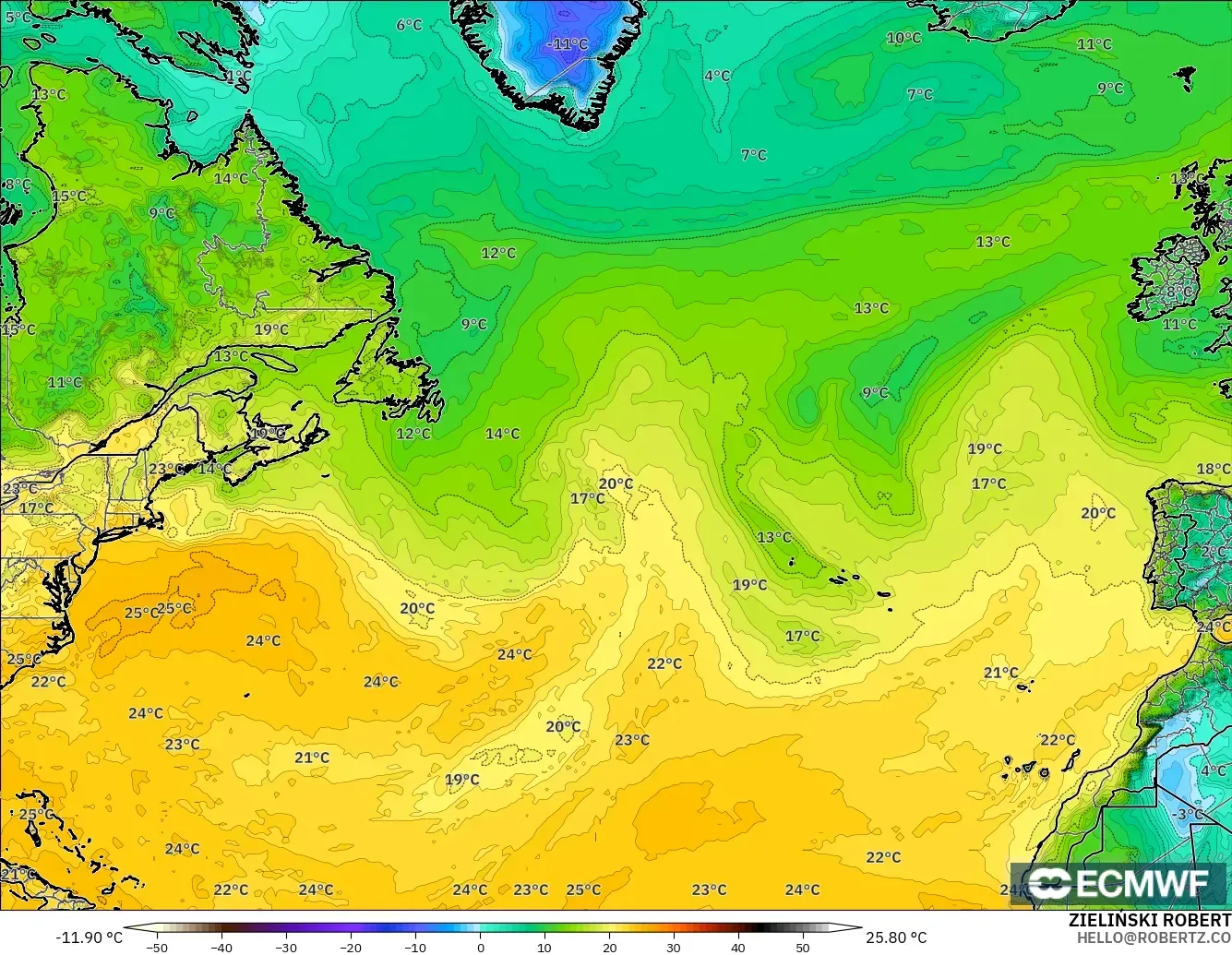 ECMWF IFS 0.25° modelo - North Atlantic, Dewpoint at 2m