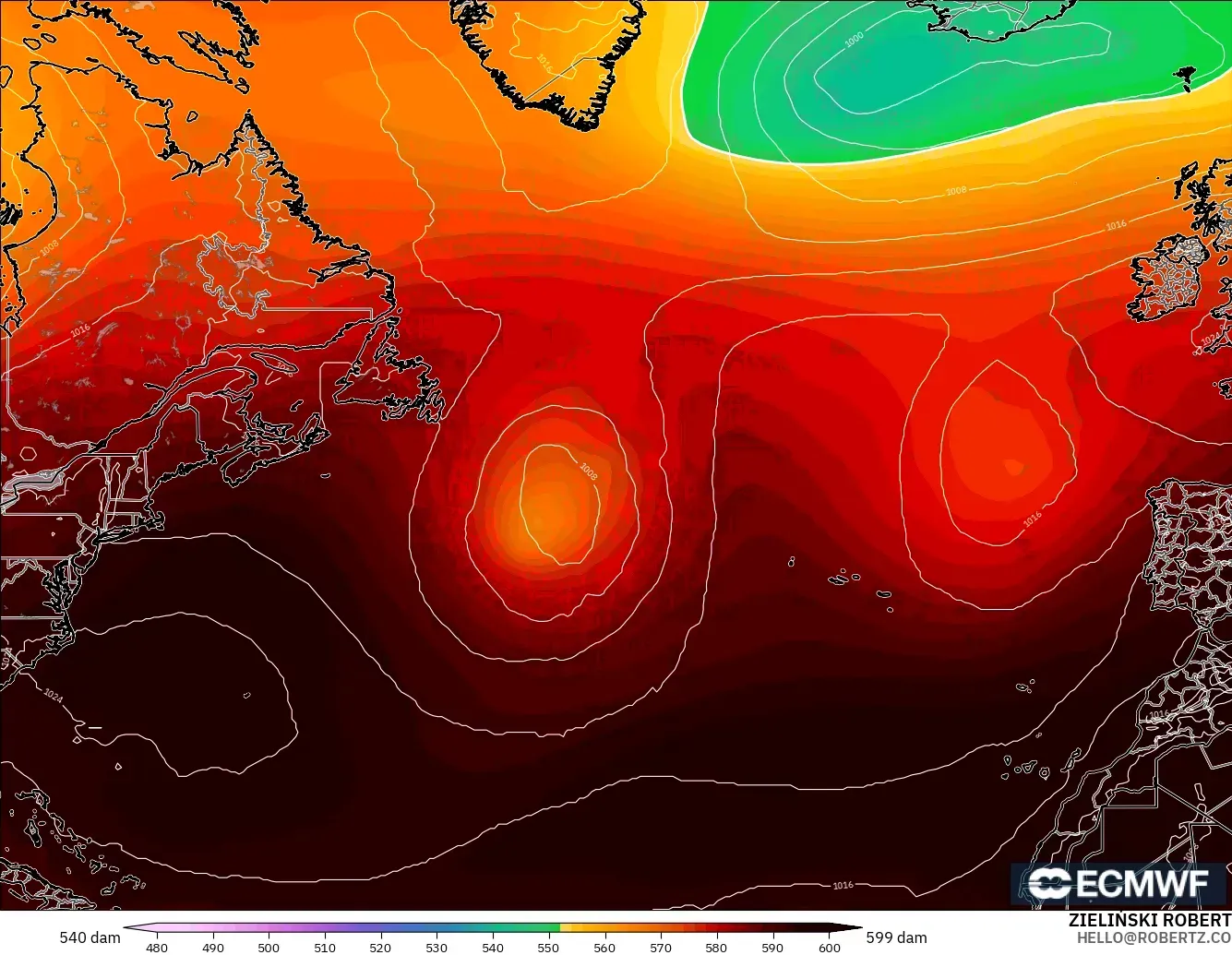 ECMWF IFS 0.25° modelo - North Atlantic, Geopotential height at 500hPa