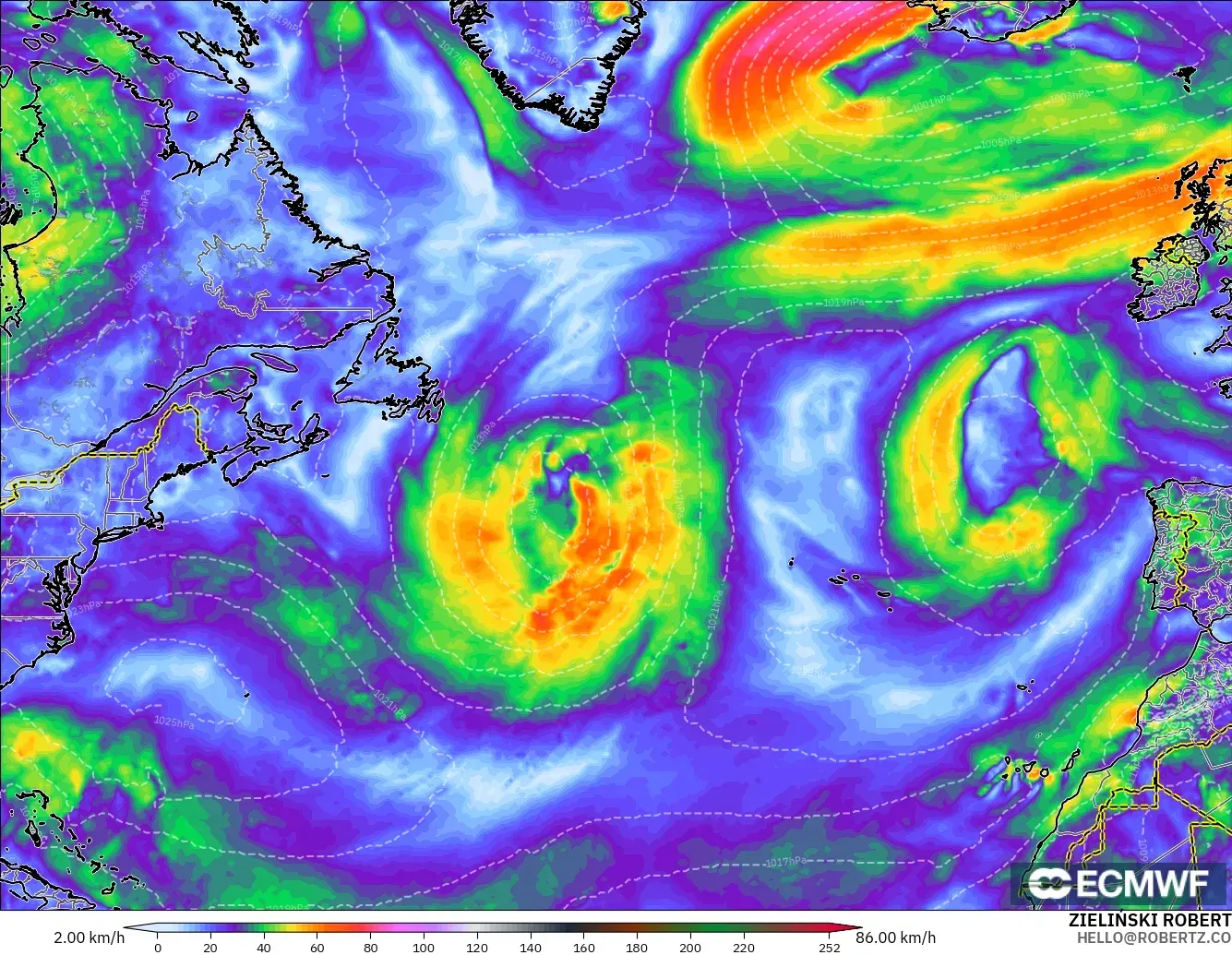 ECMWF IFS 0.25° modelo - North Atlantic, Wind Gusts Peak