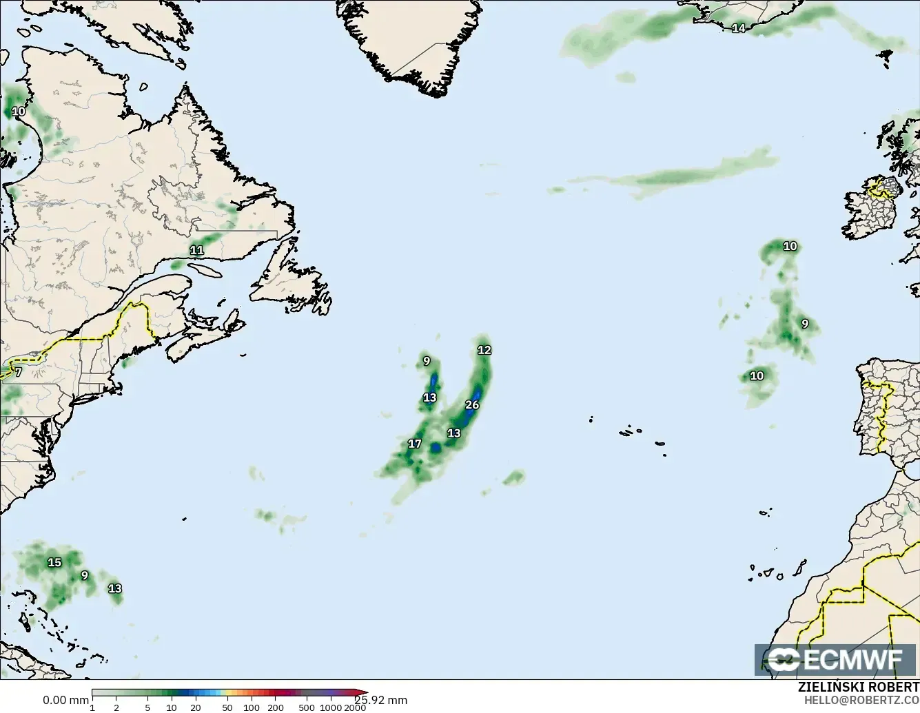 ECMWF IFS 0.25° modelo - North Atlantic, Precipitation Accumulation