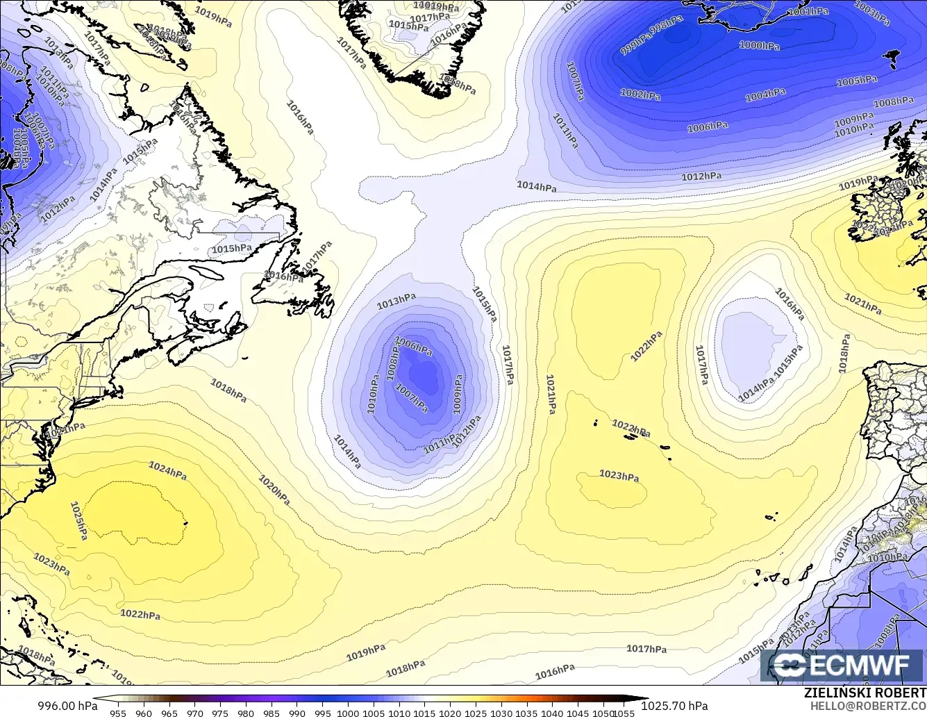 ECMWF IFS 0.25° modelo - North Atlantic, Pressure