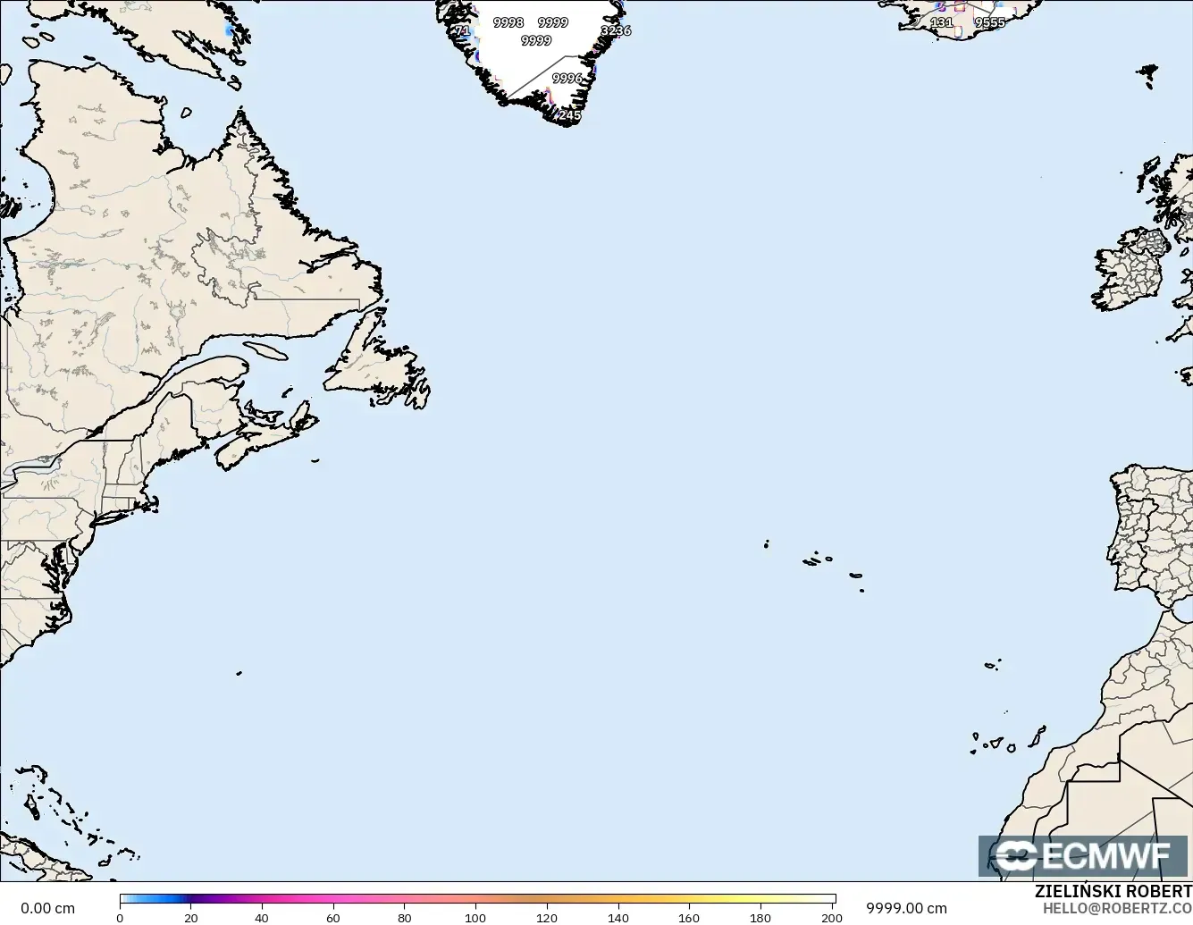 ECMWF IFS 0.25° modelo - North Atlantic, Snow Depth