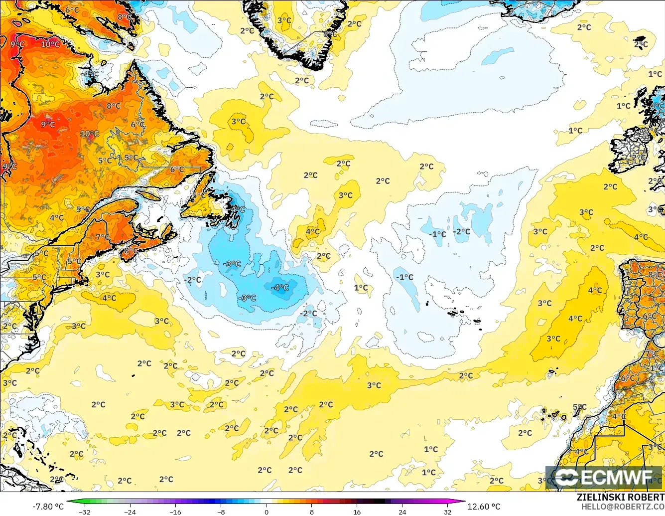 ECMWF IFS 0.25° modelo - North Atlantic, Temperature at 2m Anomaly