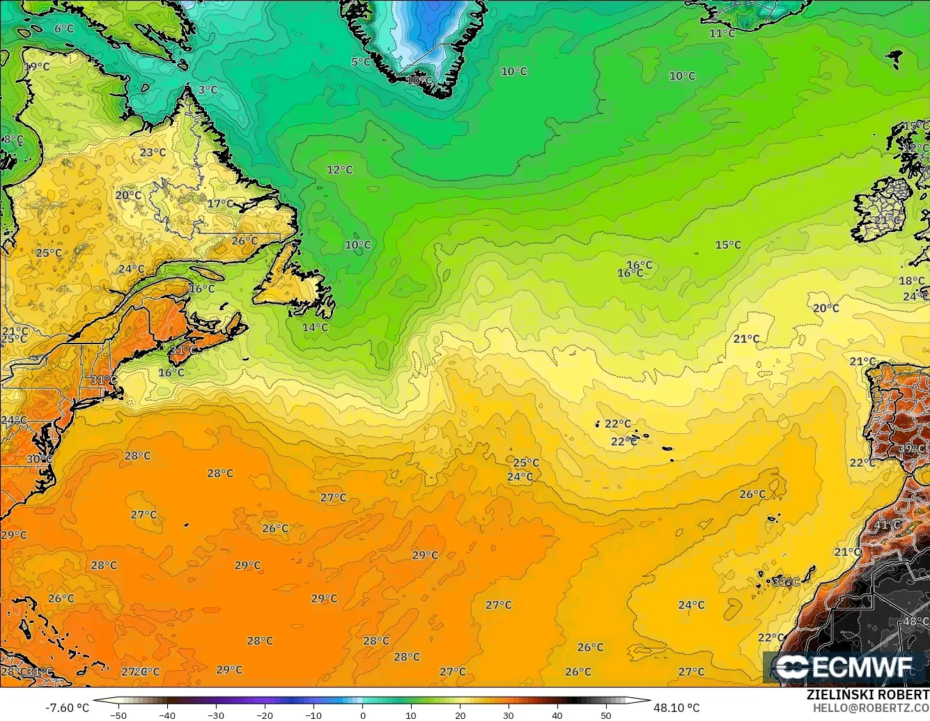 ECMWF IFS 0.25° modelo - North Atlantic, Temperature at 2m