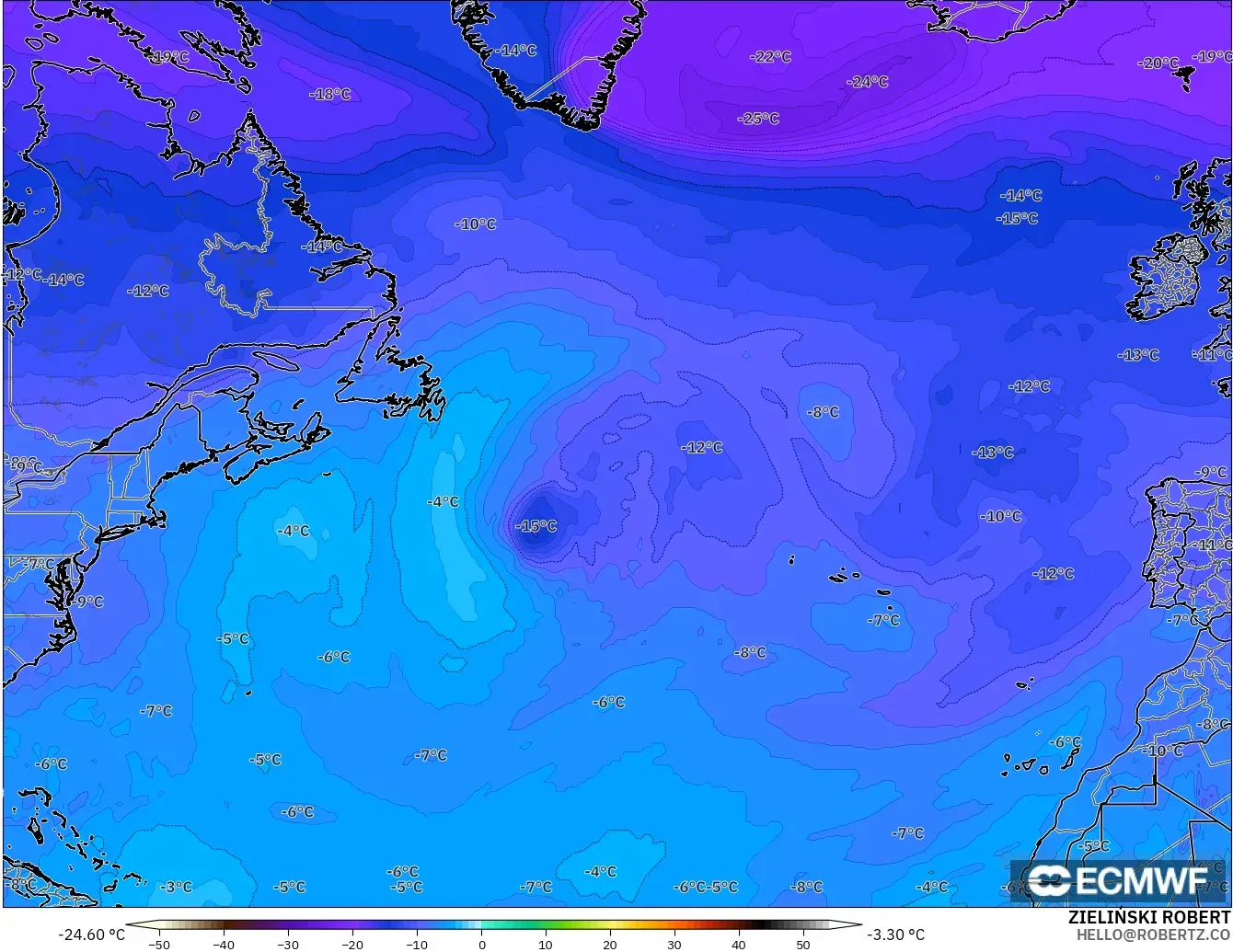 ECMWF IFS 0.25° modelo - North Atlantic, Temperature at 500hPa