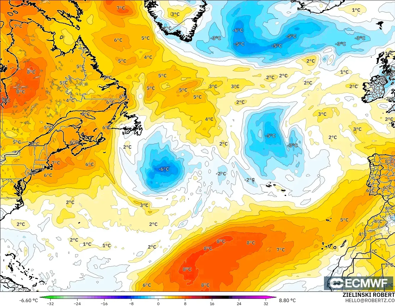 ECMWF IFS 0.25° modelo - North Atlantic, Temperature at 850hPa Anomaly