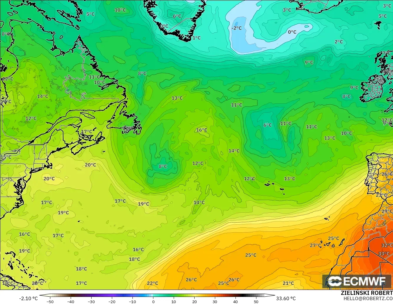 ECMWF IFS 0.25° modelo - North Atlantic, Temperature at 850hPa