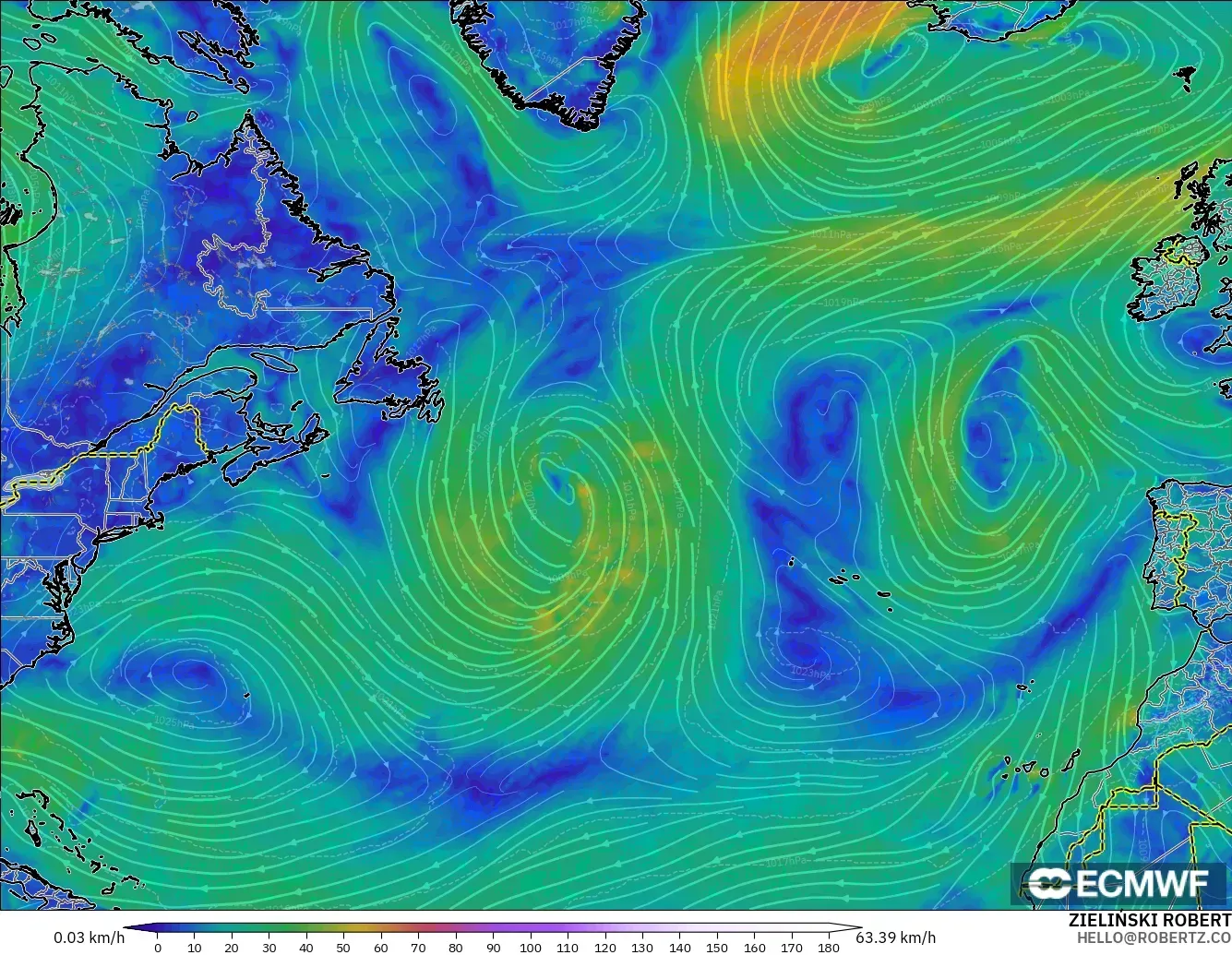 ECMWF IFS 0.25° modelo - North Atlantic, Wind at 10m