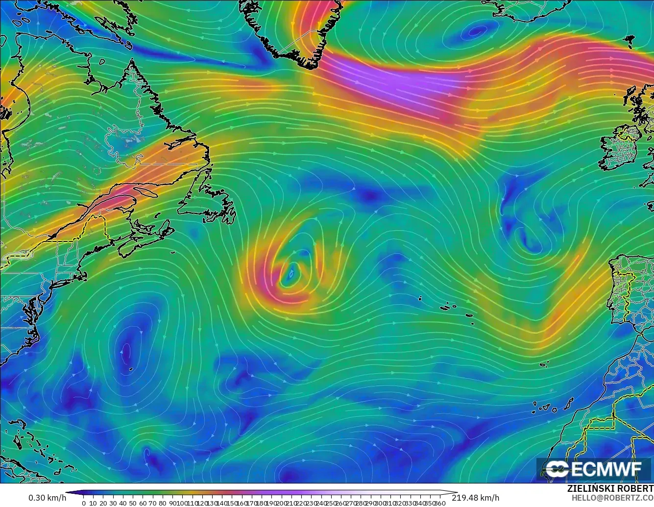 ECMWF IFS 0.25° modelo - North Atlantic, Wind at 300hPa (jet stream)