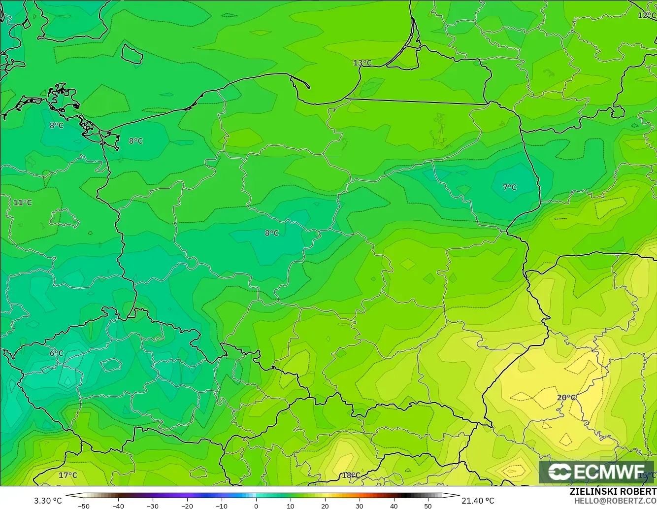 ECMWF IFS 0.25° modelo - Poland, Dewpoint at 2m