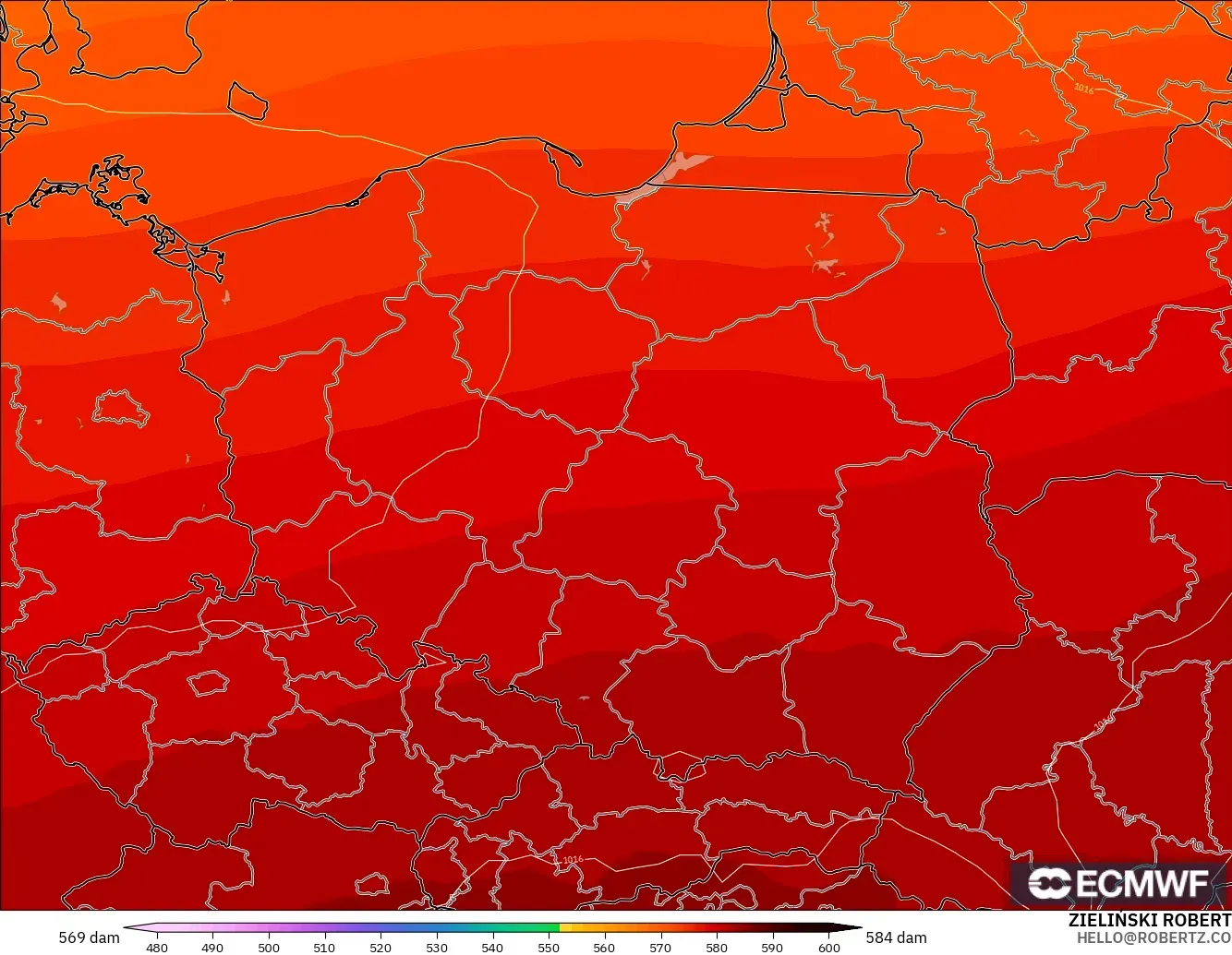 ECMWF IFS 0.25° modelo - Poland, Geopotential height at 500hPa