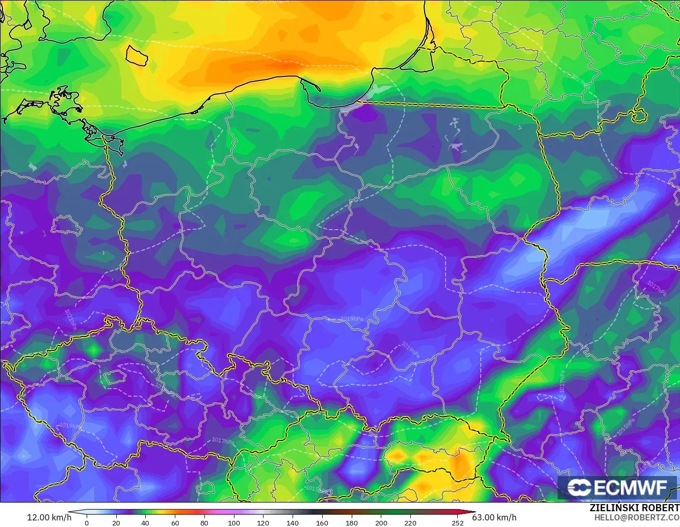 ECMWF IFS 0.25° modelo - Poland, Wind Gusts