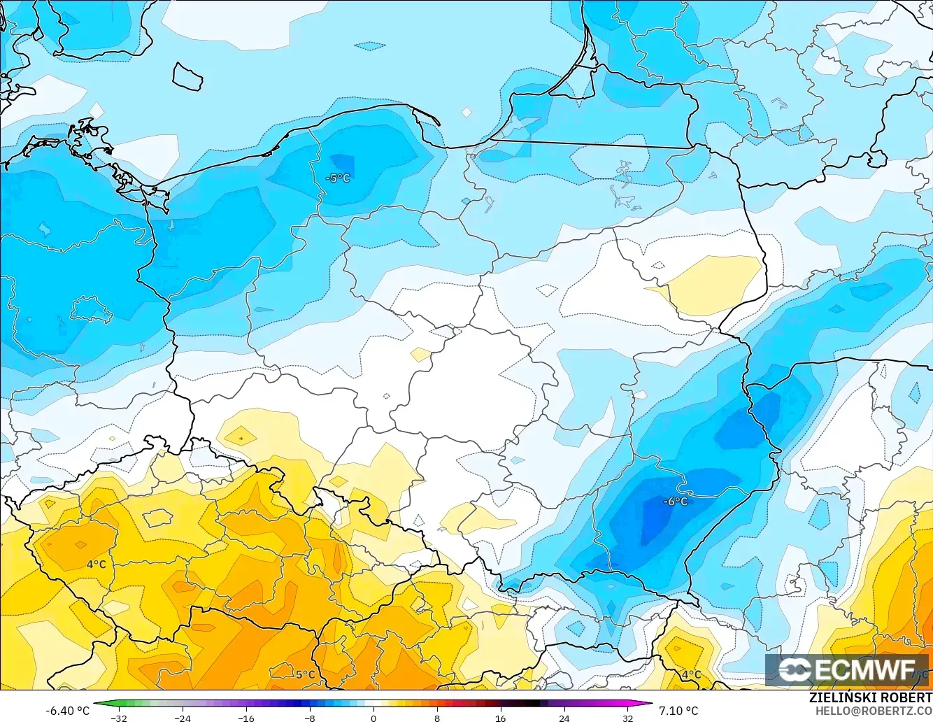 ECMWF IFS 0.25° modelo - Poland, Temperature at 2m Anomaly