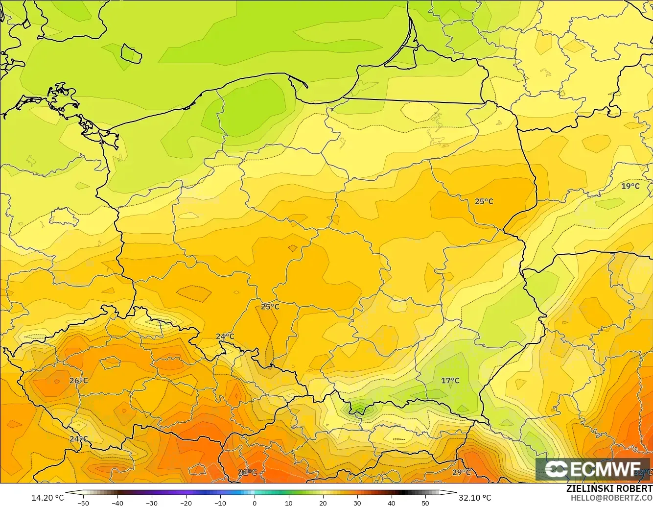 ECMWF IFS 0.25° modelo - Poland, Temperature at 2m