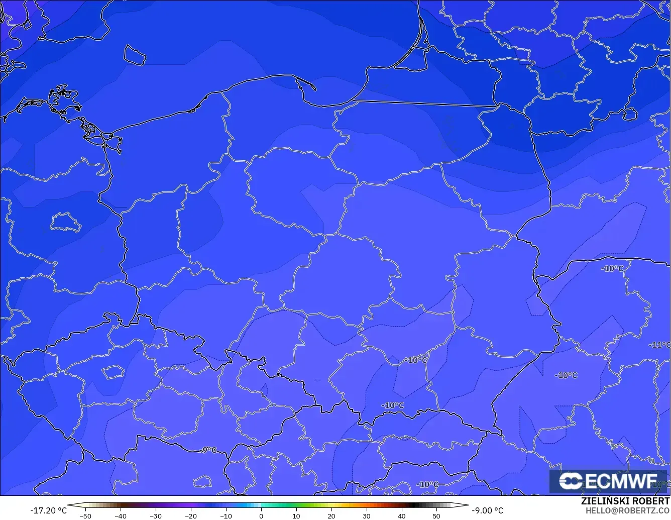 ECMWF IFS 0.25° modelo - Poland, Temperature at 500hPa