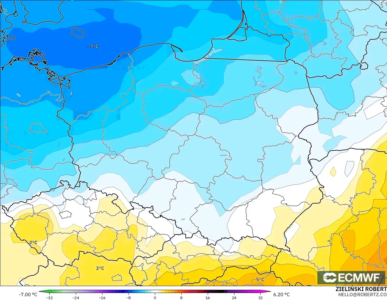 ECMWF IFS 0.25° modelo - Poland, Temperature at 850hPa Anomaly