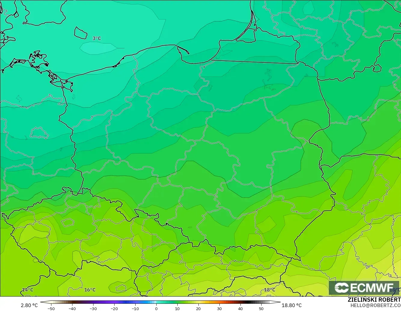 ECMWF IFS 0.25° modelo - Poland, Temperature at 850hPa