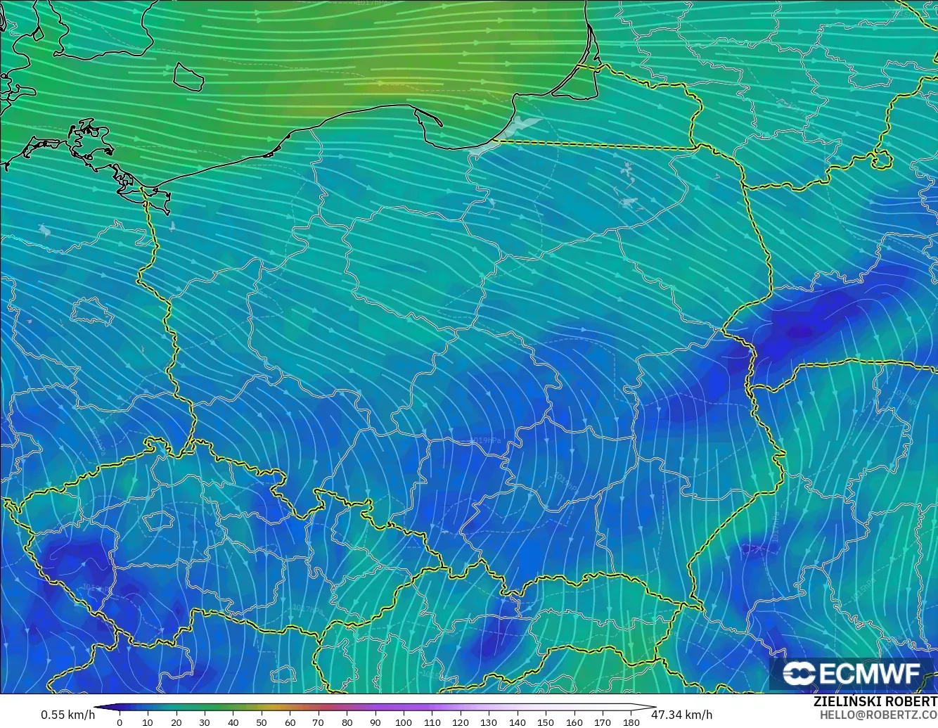 ECMWF IFS 0.25° modelo - Poland, Wind at 10m