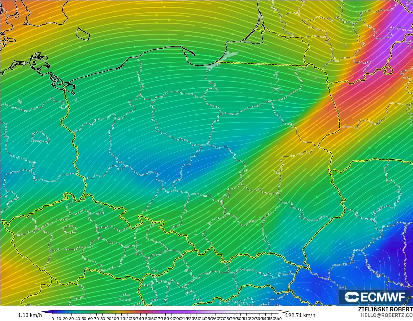 ECMWF IFS 0.25° modelo - Poland, Wind at 300hPa (jet stream)