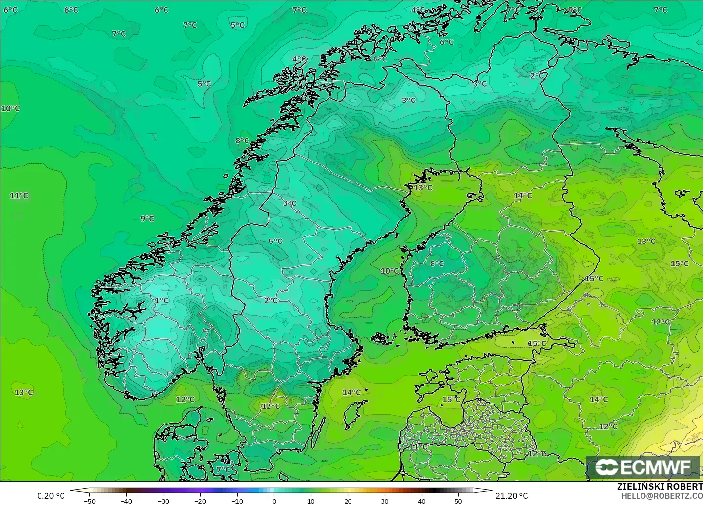 ECMWF IFS 0.25° modelo - Scandinavia, Dewpoint at 2m