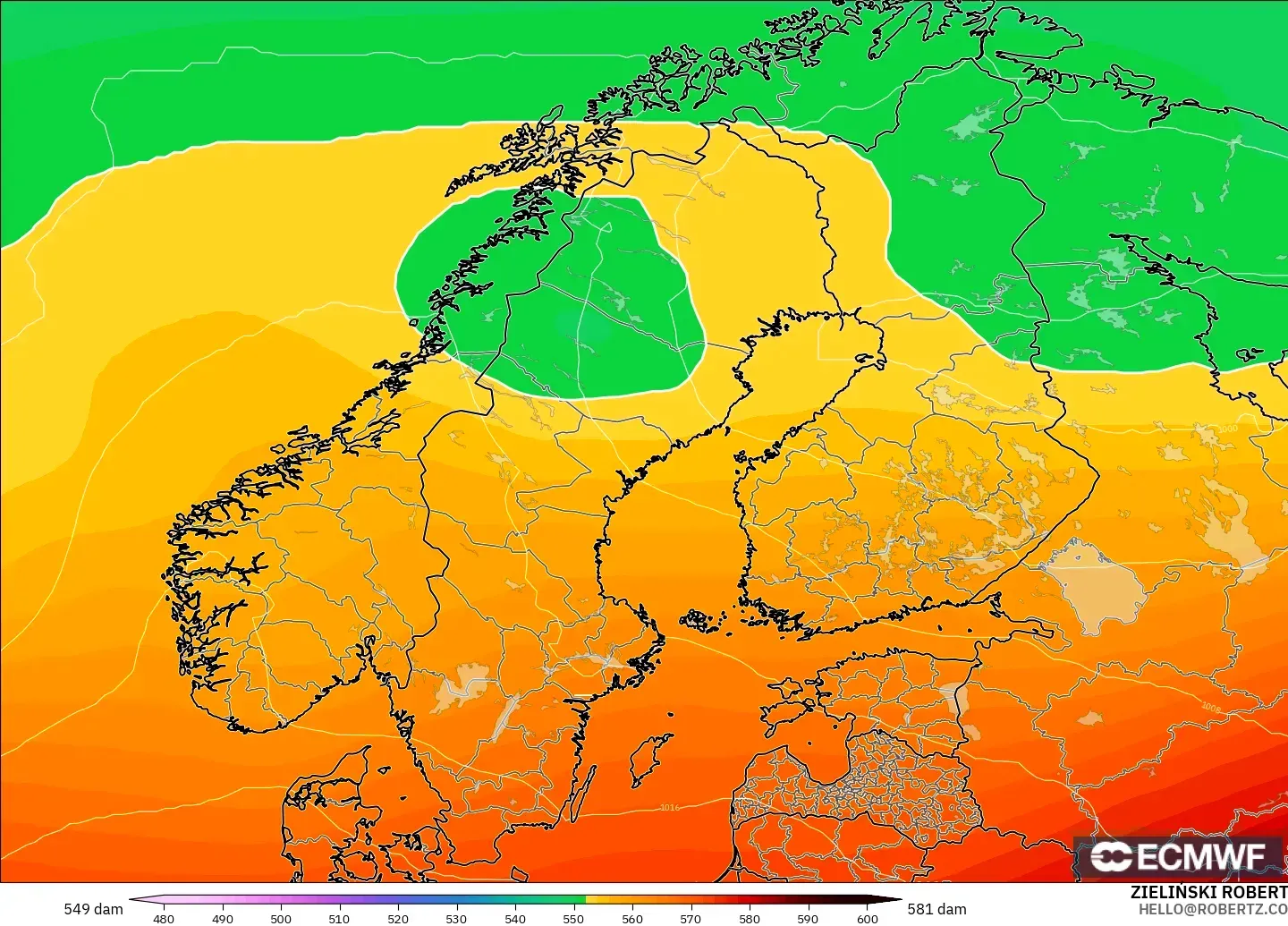 ECMWF IFS 0.25° modelo - Scandinavia, Geopotential height at 500hPa