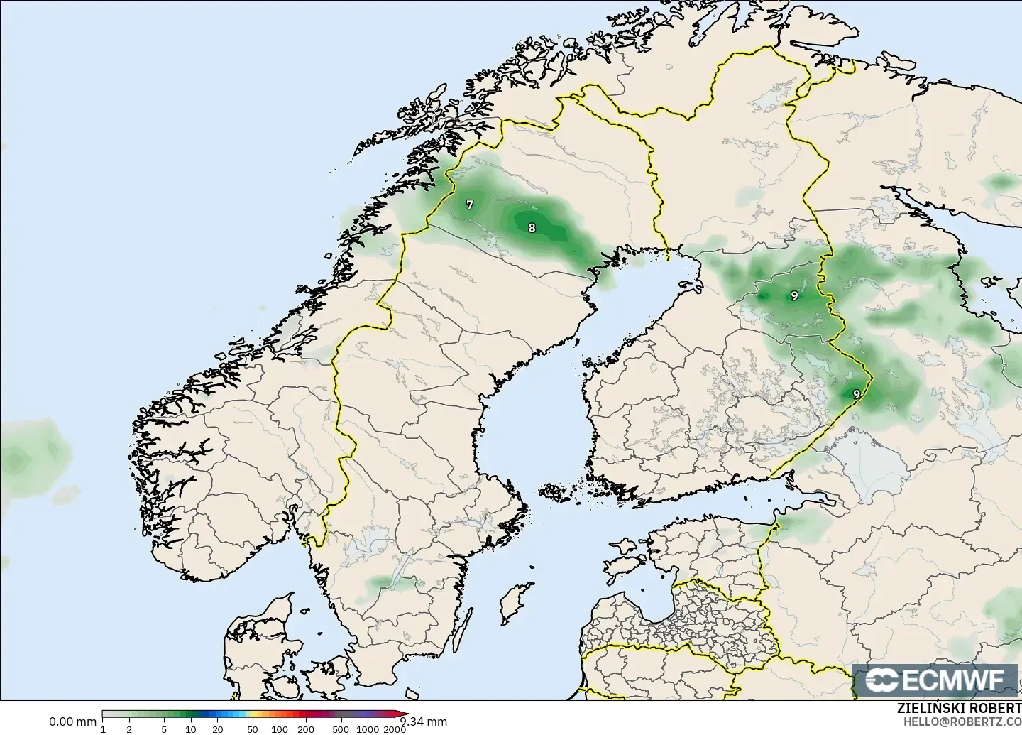 ECMWF IFS 0.25° modelo - Scandinavia, Precipitation Accumulation