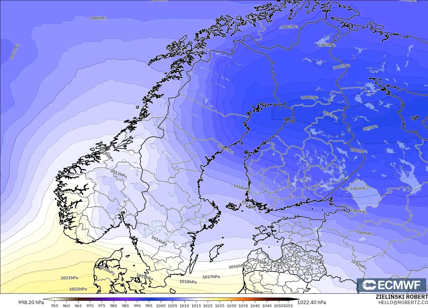 ECMWF IFS 0.25° modelo - Scandinavia, Pressure