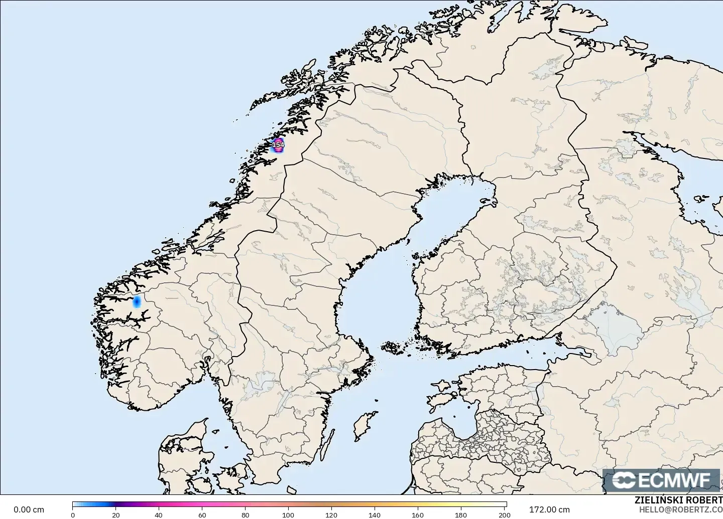 ECMWF IFS 0.25° modelo - Scandinavia, Snow Depth