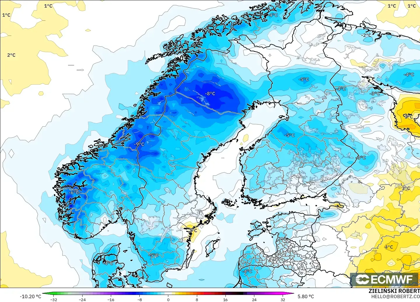 ECMWF IFS 0.25° modelo - Scandinavia, Temperature at 2m Anomaly